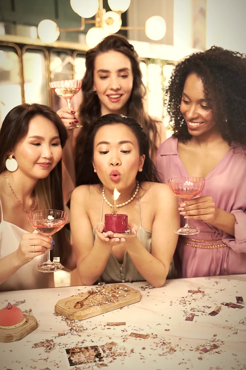 Cuatro amigas alrededor de una torta chica mientras una sopla la vela.